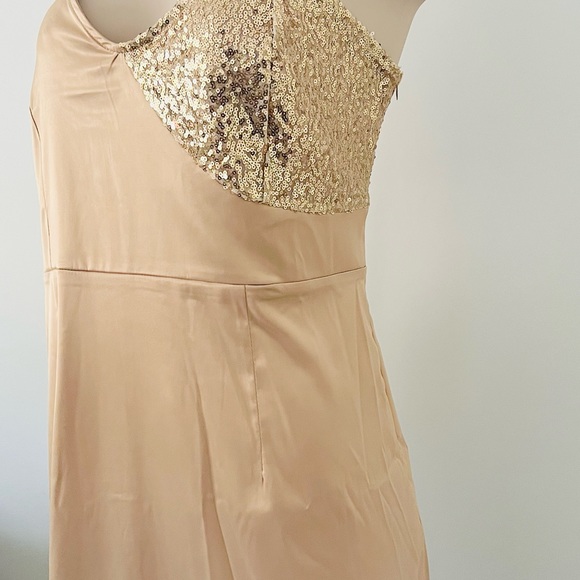 New Champagne one-shoulder maxi dress with sequin accent - Picture 2 of 8